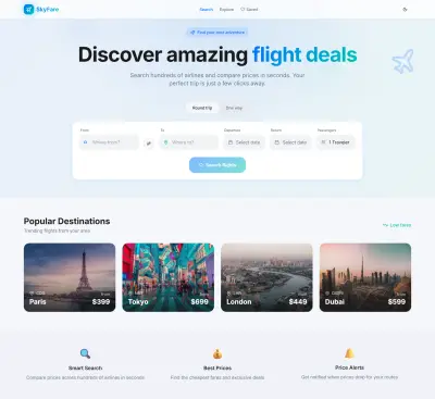 تطوير واجهة موقع بحث في رحلات الطيران SkyFare موقع الكتروني لتصفح رحلات الطيران و المواعيد.