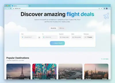 تطوير واجهة موقع بحث في رحلات الطيران SkyFare موقع الكتروني لتصفح رحلات الطيران و المواعيد.