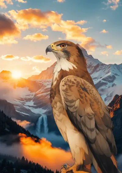 الصقر البني وسحر شروق الشمس الجبلي