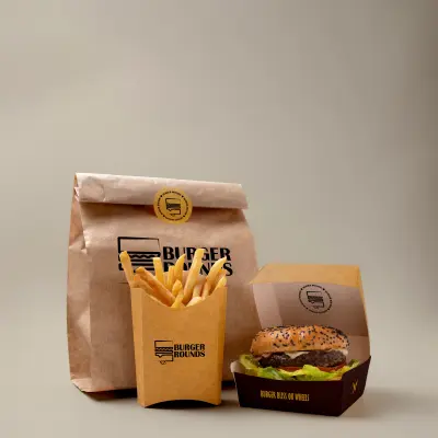 تصميم شعار و منيو و تغليف لمطعم برجر على عربة