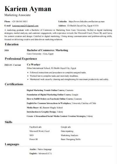 تصميم سيرة ذاتية لموظف تسويق