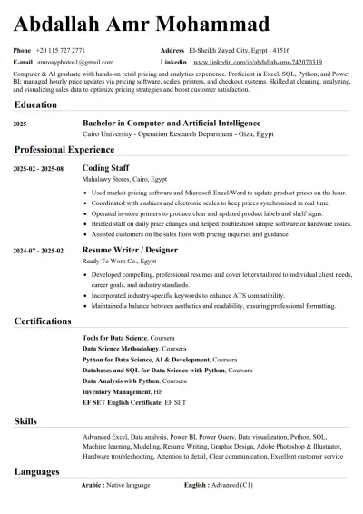 تصميم سيرة ذاتية لخريج حاسبات ومعلومات