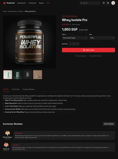 تصميم UI كامل لموقع بيع مكملات غذائية PowerFuel
