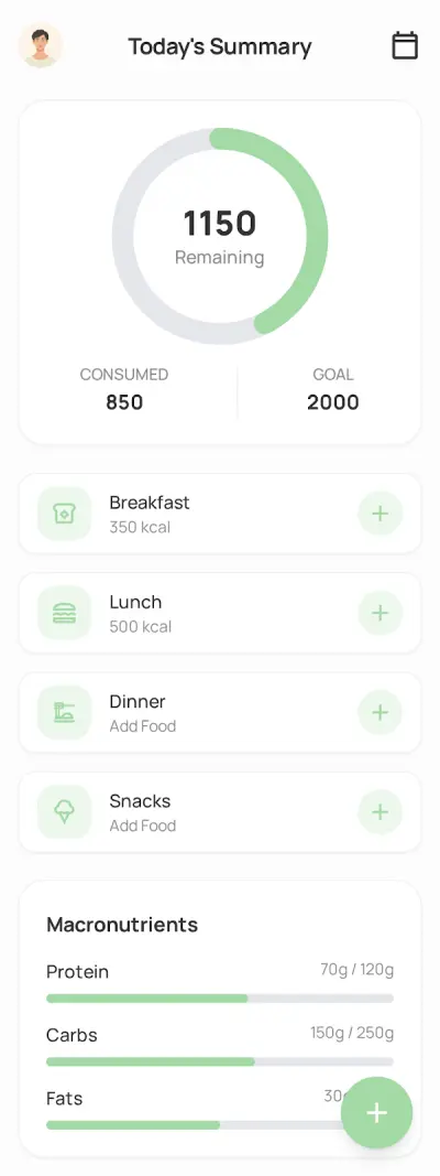 تصميم واجهة مستخدم لتطبيق تتبع السعرات والوجبات (Mobile App UI Design)