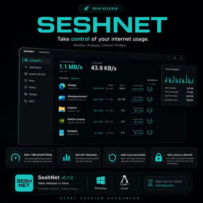 SeshNet: برنامج احترافي لمراقبة والتحكم في استهلاك الإنترنت للتطبيقات وإيقاف الإنترنت عن تطبيقات ويندوز (Windows/Linux)