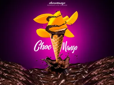 تصميم بوستر لمنتج آيس كريم شوكولاتة ومانجو – Choco Mango Ice Cream Poster Design