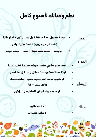 "تصميم خطة وجبات علمية شخصية للنساء – Weekly Meal Plan"
