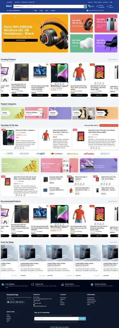 موقع الكتروني يحتوي علي جميع الصفحات اللازمة (الصفحة الرئيسية، صفحة المنتجات، الدخول ولوحة التحكم والمنتج الواحد)