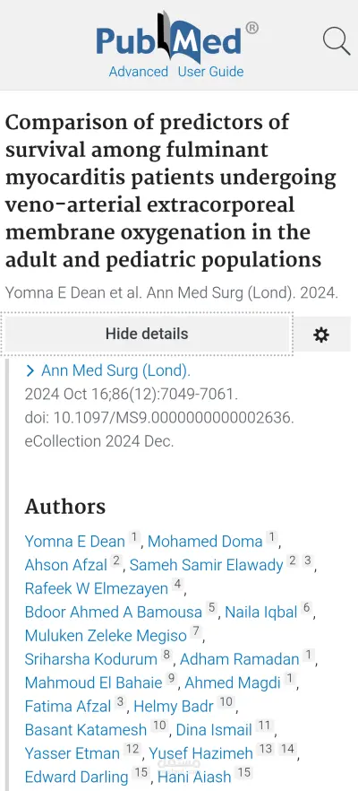 نشر دراسة : “Comparison of predictors of survival among fulminant myocarditis patients undergoing veno-arterial ECMO in adults and pediatrics