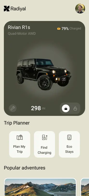 تصميم واجهة مستخدم (UI/UX) لتطبيق تخطيط رحلات مغامرات وسيارات كهربائية (Adventure & EV Trip Planner App)