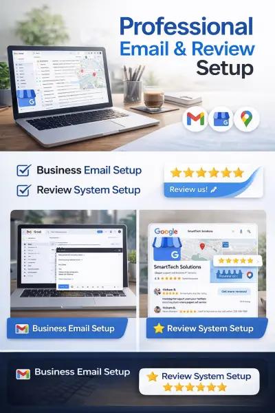 سأقوم بإنشاء حسابات بريد إلكتروني احترافية وإعداد نظام لجمع تقييمات حقيقية لموقعك أو نشاطك