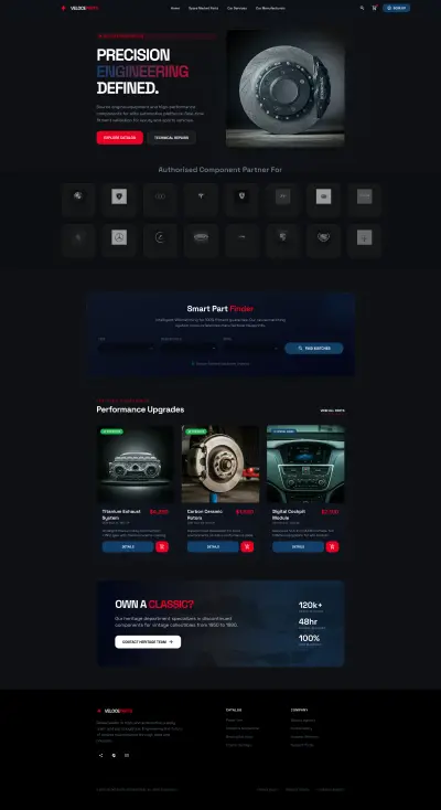 تصميم واجهات وتجربة مستخدم لمنصة تجارة إلكترونية وخدمات سيارات عالية الأداء (VeloceParts)