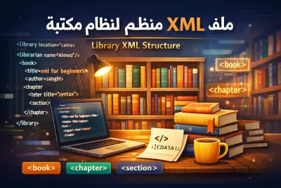 ملف XML منظم لنظام مكتبة يحتوي على كتب وأقسام وفصول (Library XML Structure)