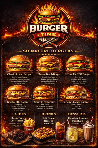 تصميم هوية كاملة لمطعم برجر (لوجو – مينيو – سوشيال – يونيفورم)