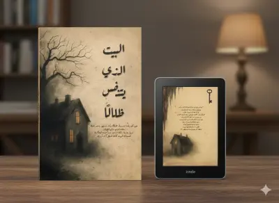 تصميم غلاف كتاب احترافي بعنوان "البيت الذي يتنفس ظلالاً"، يجمع بين النسخة المطبوعة والنسخة الإلكترونية (Kindle).