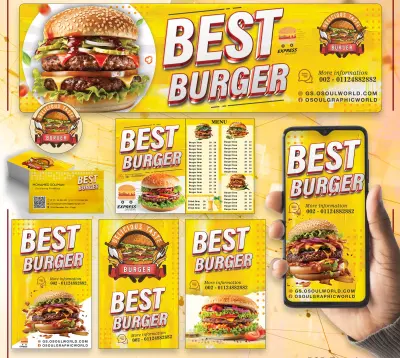 تصميم هوية إعلانية متكاملة لمطعم برجر (بنرات، منيو، بوستات سوشيال ميديا)