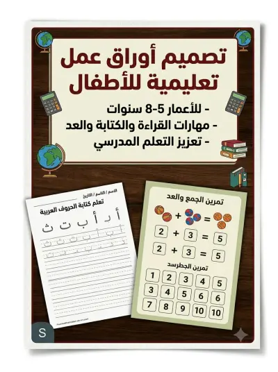 تصميم أوراق عمل تعليمية وتأسيسية للمدرسة والتمهيدي (5-8 سنوات)