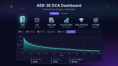 لوحة تحكم متقدمة لتحليل منحنى التدهور (DCA) والتنبؤ لآبار النفط (حقلي KHAR و AEB-3E)