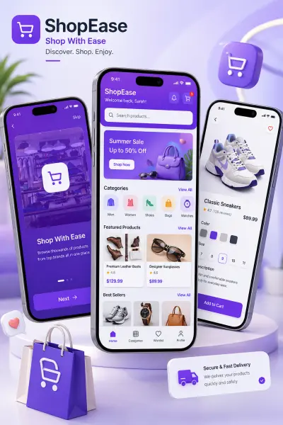 تطوير تطبيق تسوق إلكتروني احترافي ShopEase باستخدام Flutter