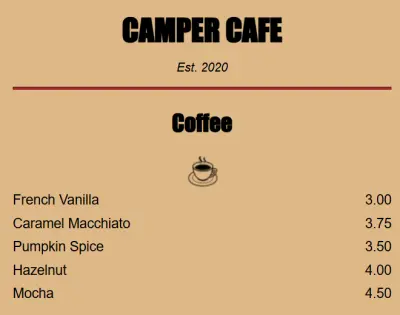 menu caffe