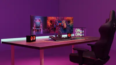 مشهد 3D لركن ألعاب يركز على تباين الألوان، الجو العام، وتكوين بصري نظيف بأسلوب عرض المنتجات