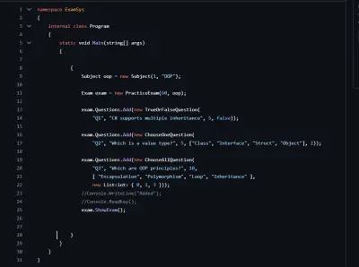 نظام متكامل لإدارة الامتحانات (Console App) بلغة #C ومعايير OOP
