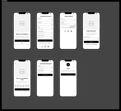 تصميم Wireframes لشاشات تسجيل الدخول والاشتراك في تطبيق EduSphere التعليمي.