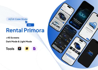 Rental Primora — تجربة متكاملة لتأجير السيارات (45+ شاشة) بنظامي الـ Dark & Light Mode.