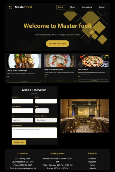 موقع تعريفي متكامل لمطعم (Master Food) مع قائمة طعام ذكية