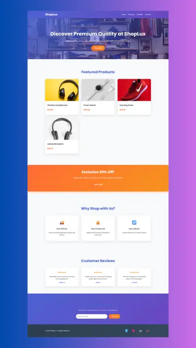 تصميم وبرمجة متجر إلكتروني عصري (ShopLux) متجاوب بالكامل.