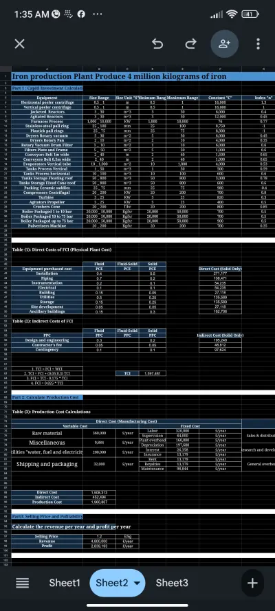 Economic Analysis and Cost Estimation for an Iron Production Plant using Excel