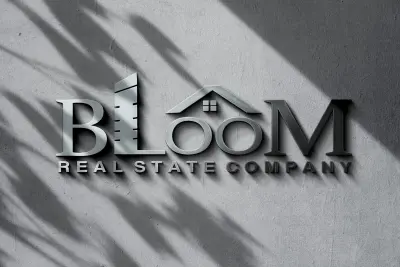 لوجو شركة عقارات احترافي مطبّق على موكاب واقعية بجودة عالية