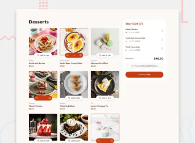 متجر حلويات تفاعلي مع نظام عربة تسوق متكامل (Dessert E-commerce Product List)