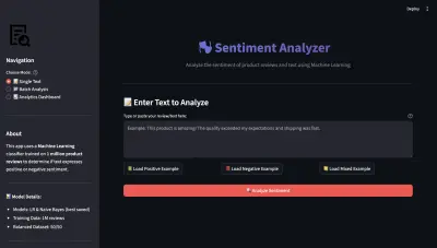 تطبيق ويب تفاعلي يعتمد على تقنيات تعلم الآلة (Machine Learning) ومعالجة اللغات الطبيعية (NLP) لتحليل نصوص تقييمات المنتجات والعملاء، وتصنيفها بدقة إلى آراء إيجابية (Positive) أو سلبية (Negative).