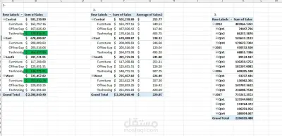 تلخيص البيانات وتحليلها بإستخدام مايكروسوفت إكسل طبقا للمنطقة ونوع المنتج .
