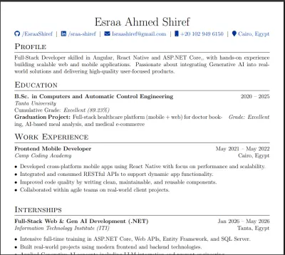 السيرة الذاتية المهنية والمحدثة لعام 2026 | Full-Stack Developer CV (ATS Friendly)