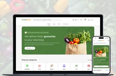 تصميم موقع الكتروني تجاري يسمي Fresh Mart لبيع منتجات البقالة باستخدام Figma