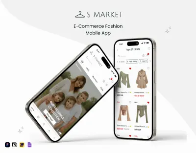 تصميم تطبيق موبايل تجاري يسمي S MARKET لبيع الملابس باستخدام فيجما