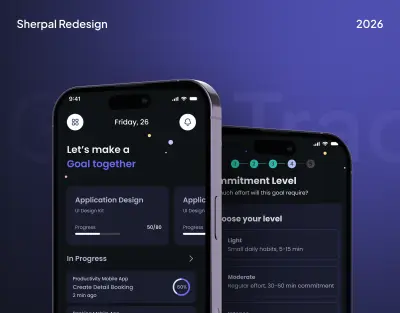 إعادة تصميم تطبيق Sherpal لإدارة الأهداف والإنتاجية (Mobile App UI/UX Redesign)