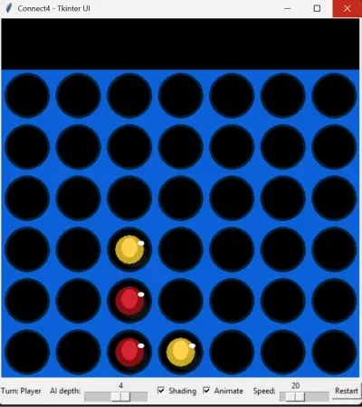 تطوير لعبة Connect 4 باستخدام Python وواجهة Tkinter مع ذكاء اصطناعي