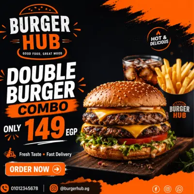 تصميم بوست لمطعم باسم “Burger Hub”.
