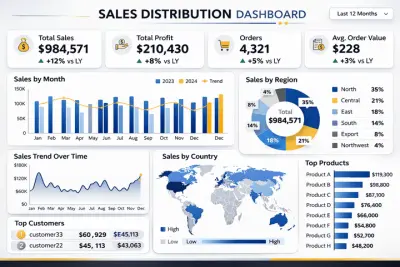 تصميم داشبورد تفاعلي لتحليل المبيعات باستخدام Power BI مع عرض الأداء والأرباح والتوزيع الجغرافي