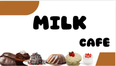 واجهة بصرية لمشروع باسم “Milk Cafe”، ويعكس هوية مقهى حديث يركّز على الحلويات والمشروبات