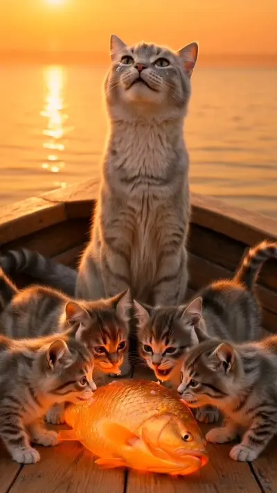 مجموعه من القطط تصتاد الاسماك