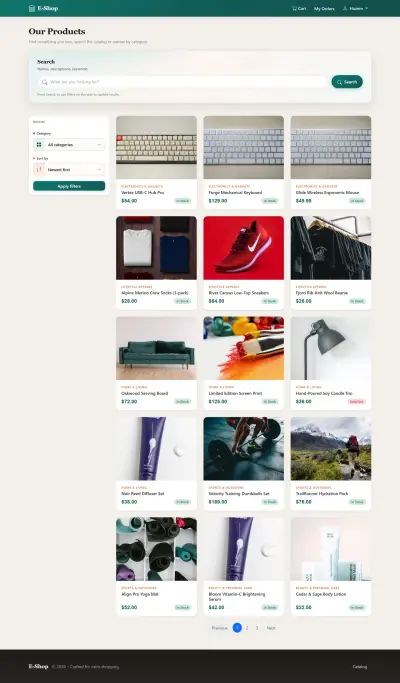 نظام تسوق أونلاين، كتالوج، سلة، طلبات، وإدارة منتجات وتصنيفات