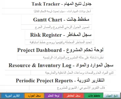 ملف إكسل لإدارة المشروع - 6 شيتات مترابطة ديناميكيًا