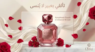 تصميم بوسترات إعلانية احترافية لعطور نسائية بلمسة فرنسية
