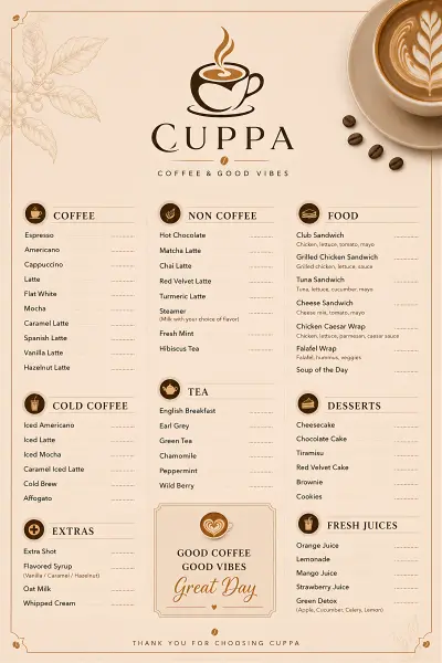 Menu Design for CUPPA Café