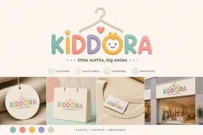 تصميم لوجو وهوية بصرية عصرية لبراند ملابس أطفال KIDDORA