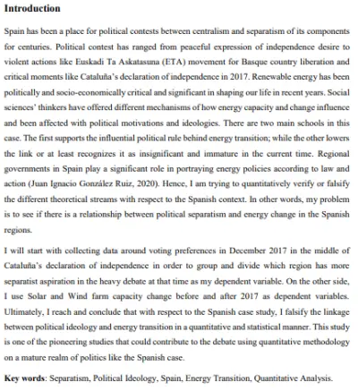بحث اكاديمي باللغة الإنجليزية بعنوان "الانفصال السياسي وانتقال الطاقة: التحقق الكمي من وجود علاقة محتملة (إسبانيا كدراسة حالة)"
